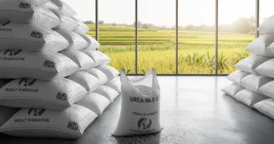 Foto tumpukan karung pupuk urea di gudang dengan latar belakang hasil tani yang melimpah.