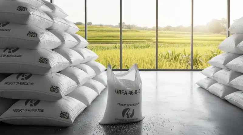 Foto tumpukan karung pupuk urea di gudang dengan latar belakang hasil tani yang melimpah.
