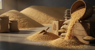 Butiran gabah padi yang melimpah di lumbung sebagai simbol ketahanan pangan nasional.