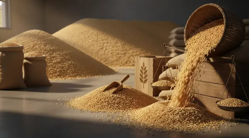 Butiran gabah padi yang melimpah di lumbung sebagai simbol ketahanan pangan nasional.