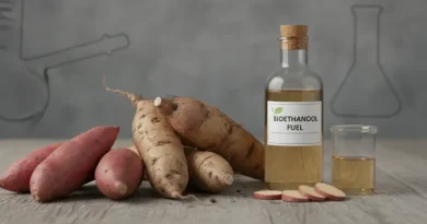 Visualisasi bahan baku bioetanol berupa singkong, ubi, dan botol produk energi terbarukan.