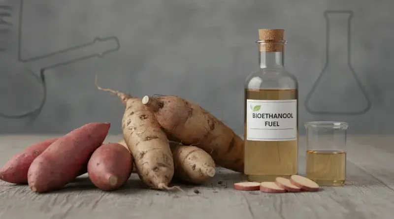 Visualisasi bahan baku bioetanol berupa singkong, ubi, dan botol produk energi terbarukan.