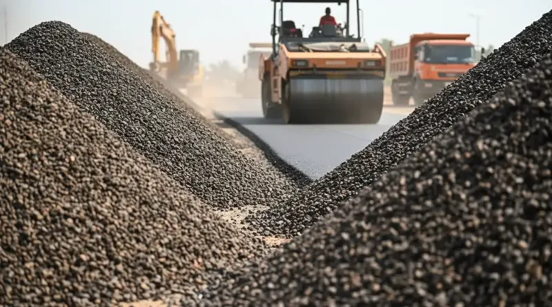 Tumpukan material Aspal Buton olahan untuk proyek pembangunan jalan nasional di Indonesia.