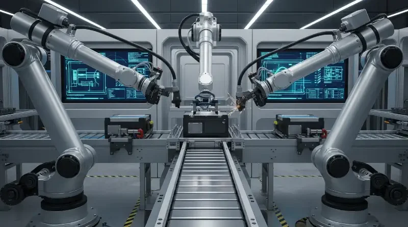 Ilustrasi produksi baterai untuk kendaraan listrik di pabrik otomotif.