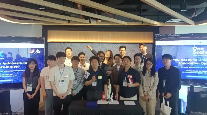 Ilustrasi simbolis kolaborasi startup teknologi internasional antara Indonesia dan Korea.