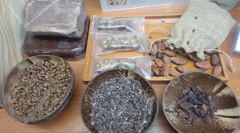 Produk cokelat artisan batangan dan biji kakao murni berkualitas.