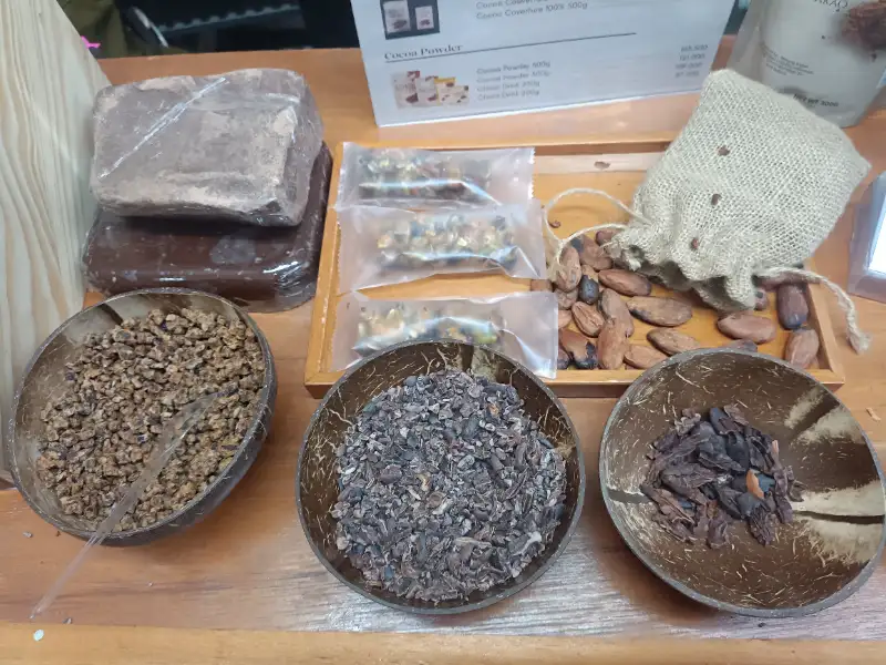 Produk cokelat artisan batangan dan biji kakao murni berkualitas.