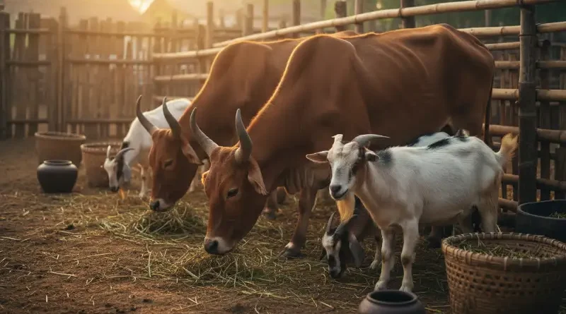 Ilustrasi hewan kurban sapi dan kambing untuk hari raya Idul Adha di Indonesia.