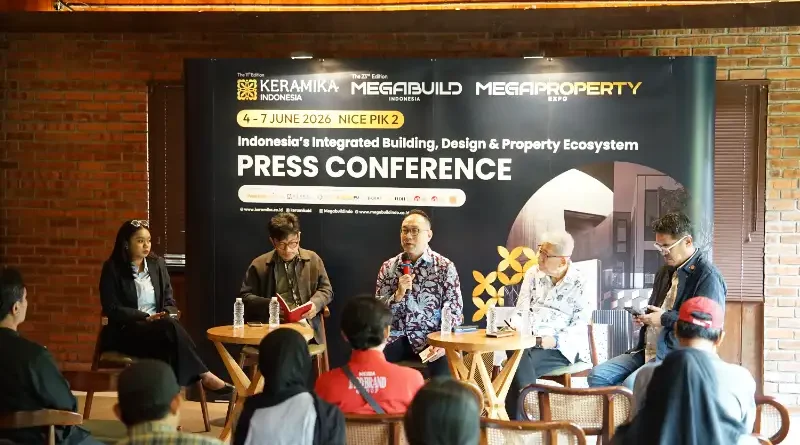 Ilustrasi pameran industri konstruksi dan properti modern.