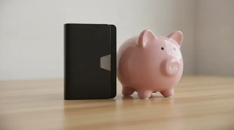 Ilustrasi dompet digital tertutup dan celengan babi di atas meja kayu sebagai simbol cara menghindari pengeluaran impulsif.