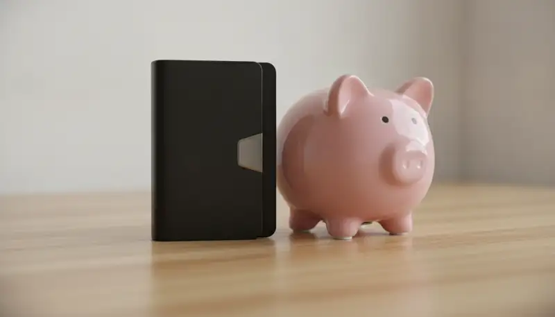 Ilustrasi dompet digital tertutup dan celengan babi di atas meja kayu sebagai simbol cara menghindari pengeluaran impulsif.