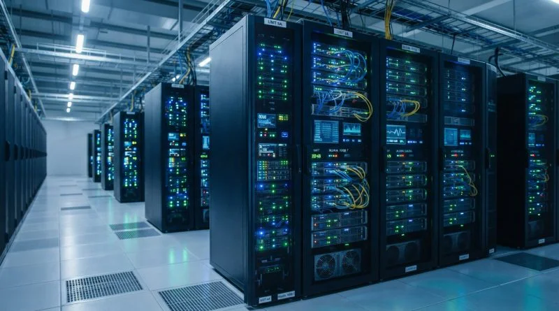 Visualisasi konseptual pusat data AI modern berkinerja tinggi