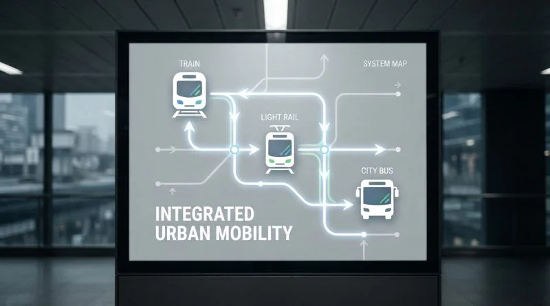 Ilustrasi jaringan transportasi publik perkotaan yang terintegrasi modern