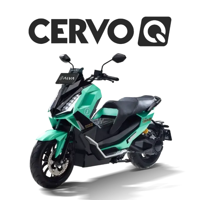 Motor listrik premium ALVA Cervo Q dengan desain futuristis dan lampu LED modern terparkir di area perkotaan.