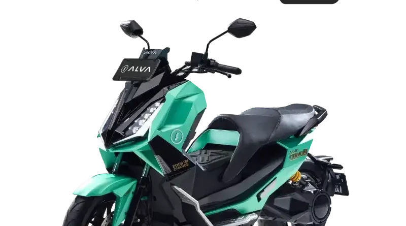 Motor listrik premium ALVA Cervo Q dengan desain futuristis dan lampu LED modern terparkir di area perkotaan.