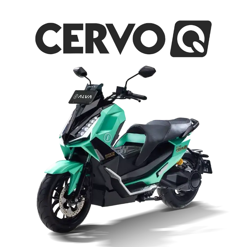 Motor listrik premium ALVA Cervo Q dengan desain futuristis dan lampu LED modern terparkir di area perkotaan.