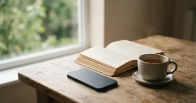 Cara Mengurangi Ketergantungan pada Smartphone dengan Mudah Ilustrasi detoksifikasi digital dengan meletakkan smartphone di samping buku terbuka