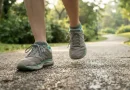 Seseorang berjalan kaki menggunakan sepatu olahraga di jalan taman yang asri dan diterangi sinar matahari pagi.