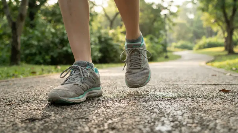 Seseorang berjalan kaki menggunakan sepatu olahraga di jalan taman yang asri dan diterangi sinar matahari pagi.