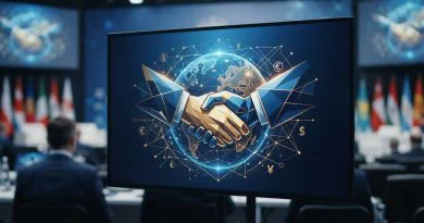 Ilustrasi konsep diplomasi ekonomi global berupa jabat tangan simbolis dan peta jaringan global terintegrasi