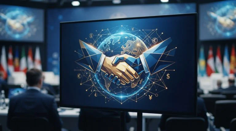Ilustrasi konsep diplomasi ekonomi global berupa jabat tangan simbolis dan peta jaringan global terintegrasi