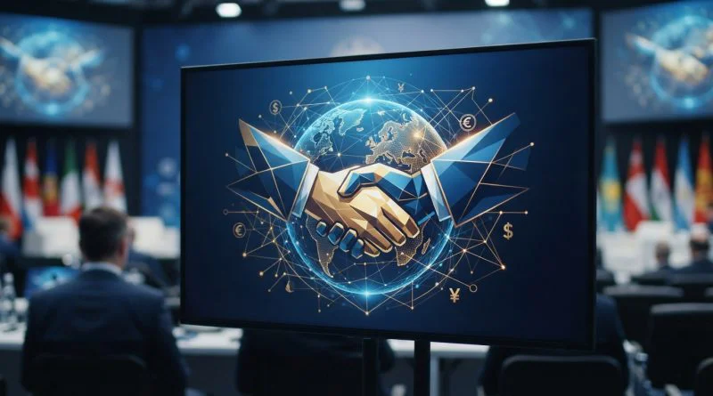 Ilustrasi konsep diplomasi ekonomi global berupa jabat tangan simbolis dan peta jaringan global terintegrasi