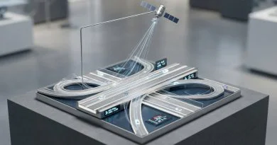 Ilustrasi teknologi satelit GNSS dan visualisasi jaringan jalan tol modern digital.