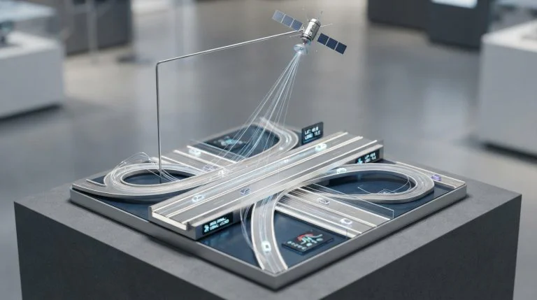 Ilustrasi teknologi satelit GNSS dan visualisasi jaringan jalan tol modern digital.