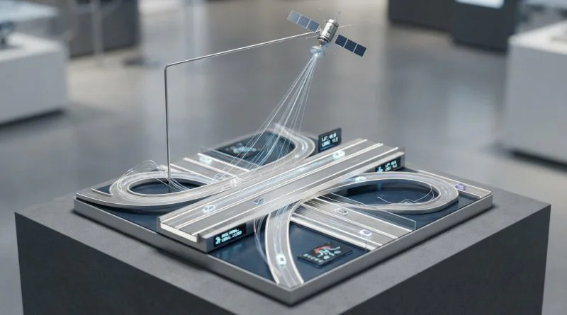 Ilustrasi teknologi satelit GNSS dan visualisasi jaringan jalan tol modern digital.