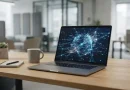 Meja kerja profesional dengan laptop menampilkan jaringan koneksi digital