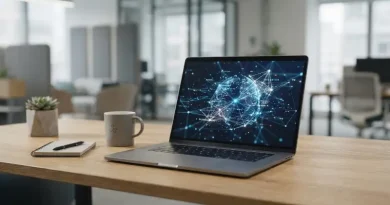 Meja kerja profesional dengan laptop menampilkan jaringan koneksi digital