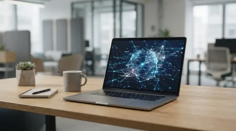 Meja kerja profesional dengan laptop menampilkan jaringan koneksi digital