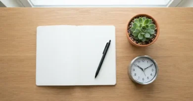 Cara Mengurangi Kebiasaan Menunda Pekerjaan yang Efektif Meja kerja rapi dan minimalis dengan jam dan buku catatan sebagai simbol manajemen waktu yang baik untuk mengatasi prokrastinasi.
