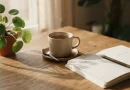Jurnal rasa syukur di atas meja kayu yang diterangi sinar matahari pagi.