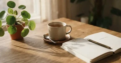 Kebiasaan Orang Bahagia yang Bisa Ditiru Setiap Hari Jurnal rasa syukur di atas meja kayu yang diterangi sinar matahari pagi.