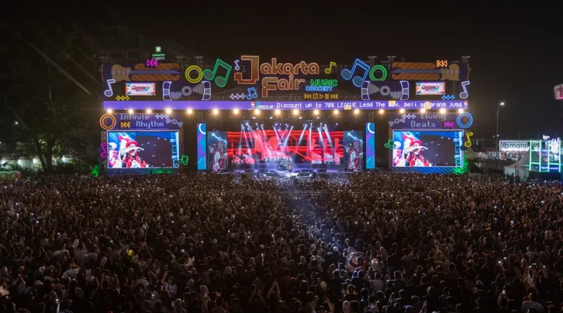 Ilustrasi panggung konser musik festival outdoor megah di malam hari