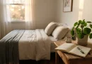 Suasana kamar tidur yang tenang dengan cahaya sore hari yang hangat untuk meningkatkan kualitas tidur.