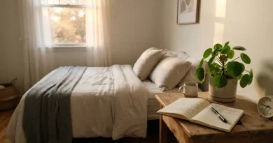 Suasana kamar tidur yang tenang dengan cahaya sore hari yang hangat untuk meningkatkan kualitas tidur.