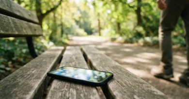 Aktivitas Offline di Era Digital Sangat Penting bagi Kesehatan Jiwa Ilustrasi seseorang berjalan di taman hijau meninggalkan ponsel pintar di bangku untuk melakukan aktivitas offline.