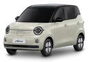 Ilustrasi konsep city car listrik modern dan kompak berwarna two-tone di jalan perkotaan