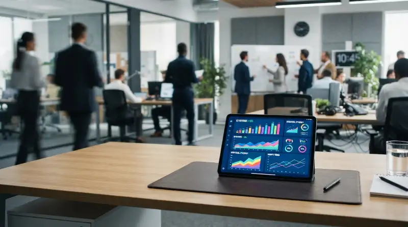 Ilustrasi manajemen bisnis autopilot yang terintegrasi dengan teknologi digital modern