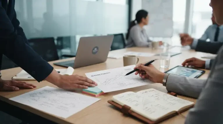 Ilustrasi pimpinan mengarahkan tim dalam pertemuan bisnis strategis.