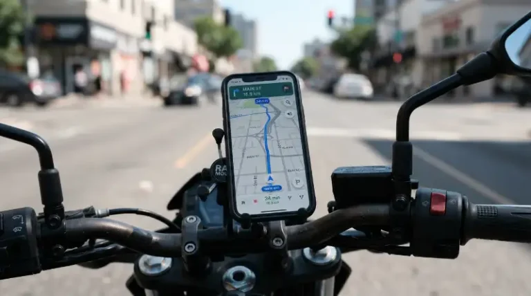 Tampilan aplikasi navigasi peta digital di ponsel pintar yang terpasang pada sepeda motor
