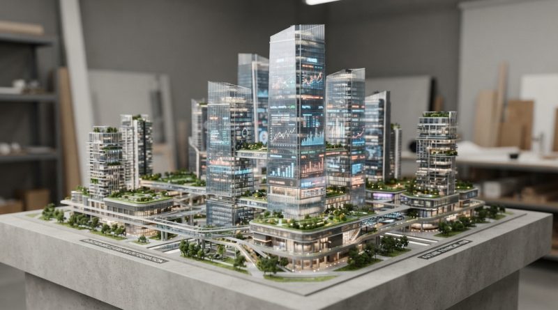 Ilustrasi konsep pusat keuangan internasional dengan miniatur gedung modern dan peta dunia