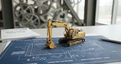 Miniatur eksavator kuning di atas maket biru kawasan industri hijau yang bersih dan modern.
