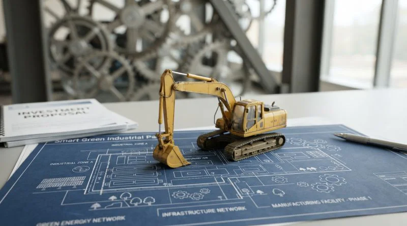 Miniatur eksavator kuning di atas maket biru kawasan industri hijau yang bersih dan modern.