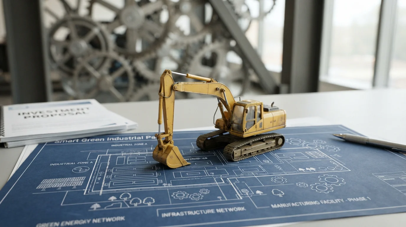 Miniatur eksavator kuning di atas maket biru kawasan industri hijau yang bersih dan modern.