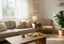 Ruang tamu minimalis yang nyaman dengan cahaya alami untuk tempat beristirahat yang menenangkan