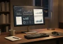 Monitor PC modern diletakkan di atas meja kerja kayu minimalis untuk mendukung kerja dari rumah
