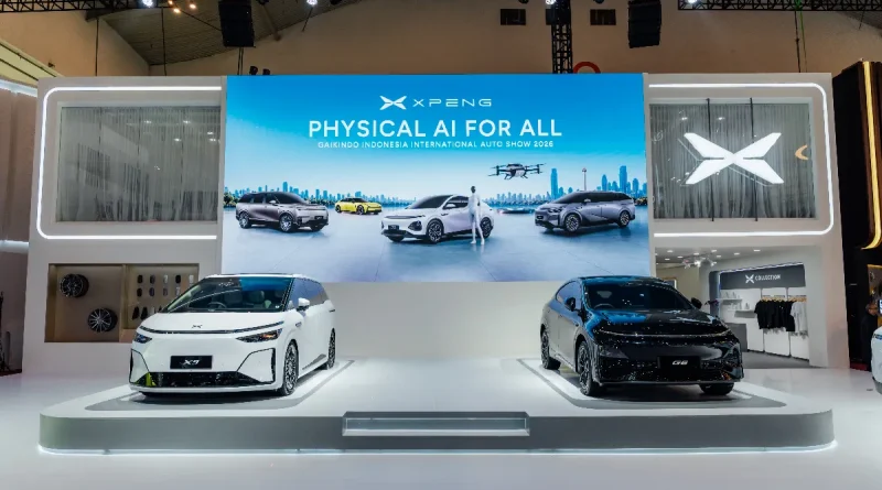 Sinar logo XPENG yang futuristik serta konsep ekosistem mobil listrik berbasis kecerdasan buatan